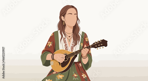 Bohemian rhapsody a woman playing mandolin in earthy floral attire