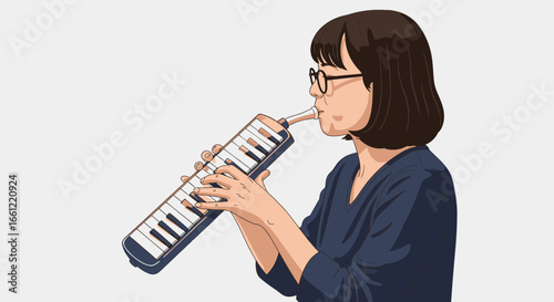 Captivating cartoon illustration of girl playing melodica keyboard instrument