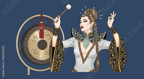 Captivating illustration of a woman with a gong, merging tradition and artistry