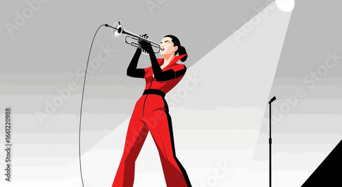 Captivating performer in red jumpsuit with trumpet under a vibrant spotlight