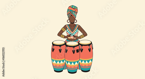 Colorful illustration of an african woman playing drums in tribal attire