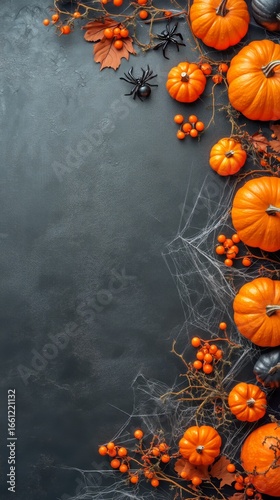 Vibrant Orange Pumpkins Surrounded by Spider Webs and Autumn Leaves for Hallo...