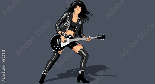 Dynamic female guitarist performing rock music in edgy leather fashion