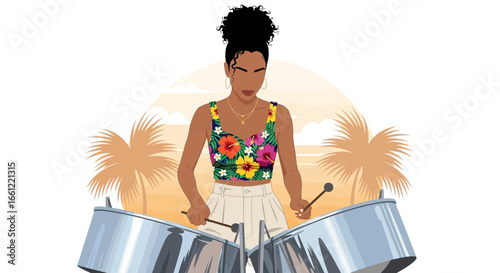 Dynamic illustration of a woman passionately playing steelpan drums at sunset