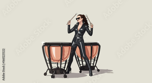 Dynamic illustration of a woman in latex playing timpani drums with style