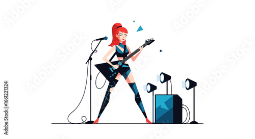Dynamic female guitarist rocks the stage with energy and powerful music