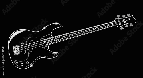 Electric Bass Guitar Silhouette Illustration on Solid Black Background