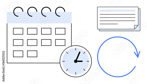 Calendar grid, analog clock, task card, and circular arrow symbolizing planning, deadlines, and continuity. Ideal for scheduling, productivity, organization workflow efficiency time tracking