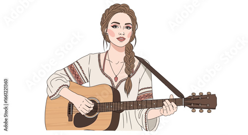 Elegant Bohemian Girl Playing Acoustic Guitar with Folkloric Details