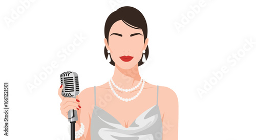 Elegant illustration of a female singer with vintage microphone style