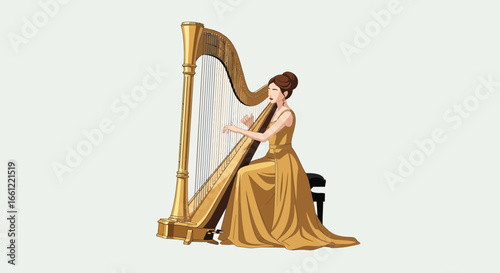 Elegant harpist in golden gown, an artistic rendition of musical grace