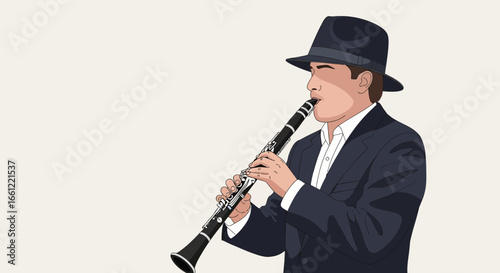 Elegant jazz musician in a suit playing clarinet against neutral backdrop