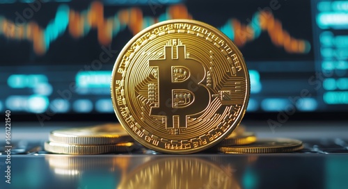 Bitcoin Coin on a Laptop Keyboard With Market Graph in the Background During ...