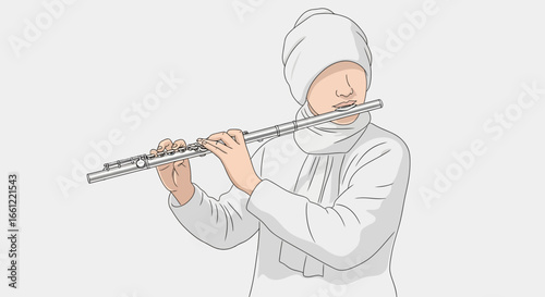 Elegant monochromatic illustration of a person playing a flute with emotion