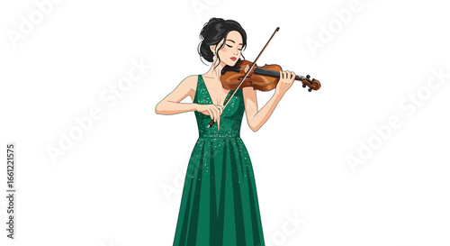 Elegant musician in a green gown playing violin with closed eyes on stage