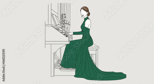 Elegant organist in emerald gown performing on vintage organ at concert