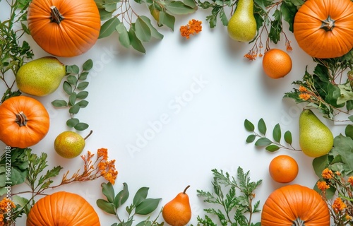 Colorful Autumn Harvest With Pumpkins, Pears, and Oranges Arranged on a White...
