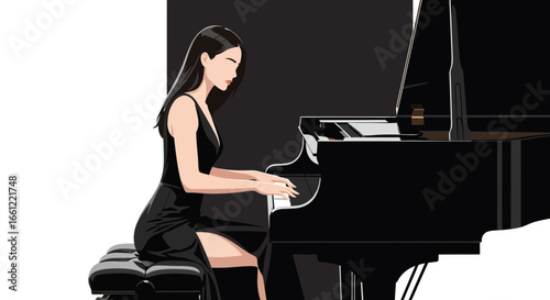 Elegant woman in sleek dress playing grand piano with concentration