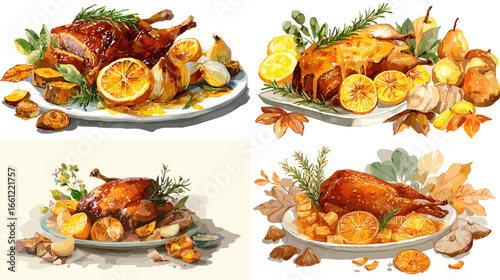 Watercolor illustration of roasted duck with orange slices, herbs, and potatoes. Perfect for holiday feast, restaurant design, and gourmet cuisine artwork.
