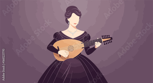 Elegant woman playing the lute, a vintage music concept art illustration