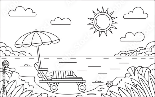 Summer Relaxation on the Beach with Umbrellas and Ocean Waves, Line Art Illustration