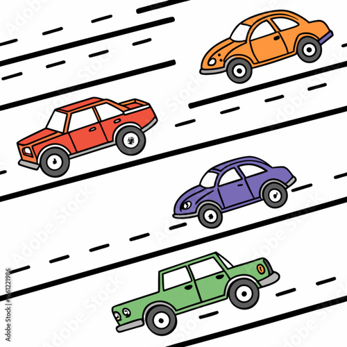 Cars driving on road illustration, colourful vehicles travelling on a street