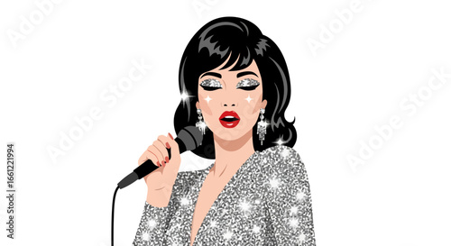Glamorous singer with microphone in shimmering dress on a white background