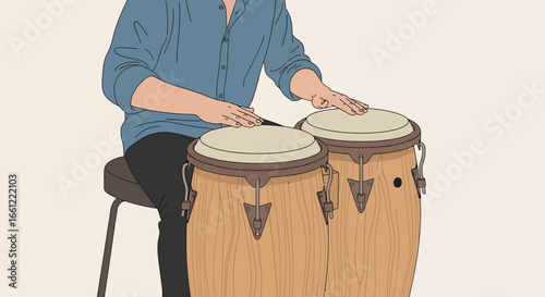 Illustration depicting a person skillfully playing a pair of conga drums