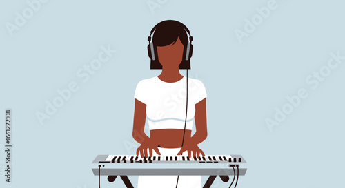 Illustration depicting a musician playing keyboard with headphone usage