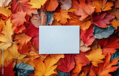 Colorful Autumn Leaves Surrounding a Blank Card on a Wooden Surface in a Natu...
