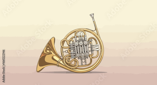 Illustration of a brass french horn on a two-tone beige background with details