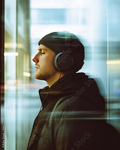 Man in headphones, eyes closed, immersed in music