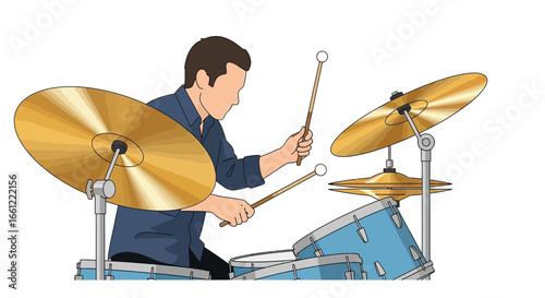 Illustration of a faceless drummer playing on a drum set with cymbals