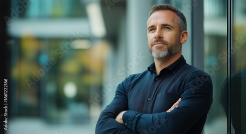 Confident Man Posing With Arms Crossed Near Contemporary Building During Dayl...