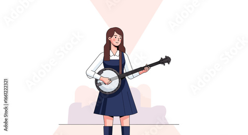 Illustration of a young woman playing a banjo with a focused expression