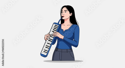 Illustration of a young woman playing melodica with casual outfit