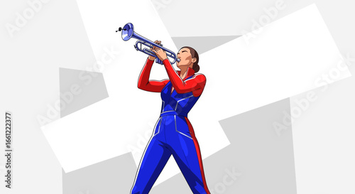 Illustration of a woman playing a trumpet with a modern background design