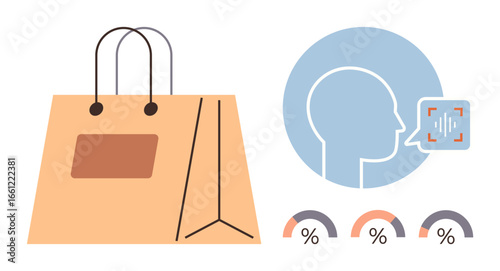 Shopping bag alongside speech recognition icon with analytics charts. Ideal for retail insights, consumer behavior, technology, marketing strategy, personalization, AI, and data-driven decisions