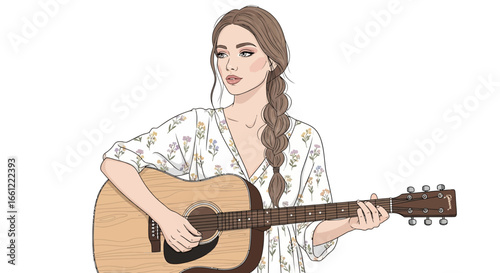 Illustration of a young woman playing an acoustic guitar in floral blouse