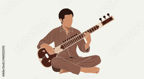 Illustrative portrayal of a sitar player in a serene meditative atmosphere