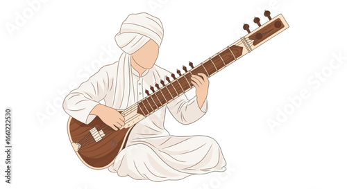 Illustrative Sitar Player in Traditional Dress Immersed in Melodic Creation