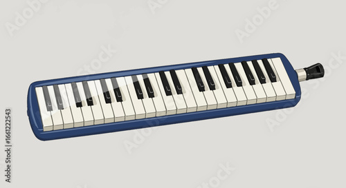 Isolated blue melodica instrument, wind operated keyboard, music concept