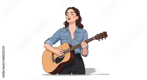 Passionate songstress lost in music playing acoustic guitar rendition