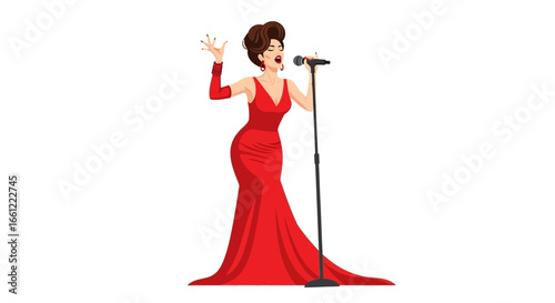Passionate vocalist singing into microphone wearing vintage red gown and jewelry