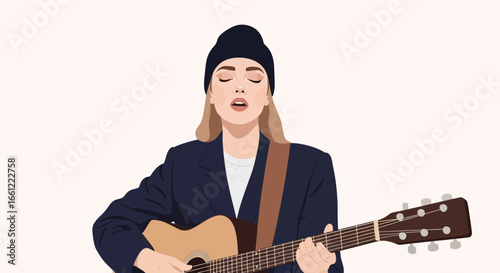 Serene female musician playing acoustic guitar with passion on stage
