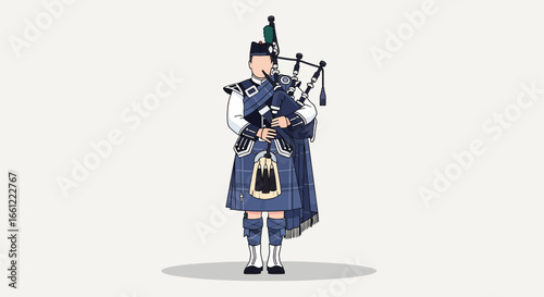 Scottish Bagpiper playing instrument in traditional Highland dress attire