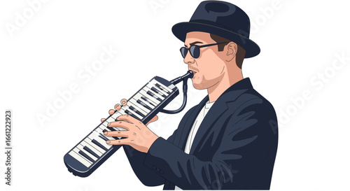 Stylish man in hat playing melodica isolated on plain background