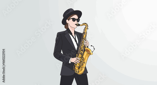 Stylish saxophonist in a suit delivering a smooth jazz performance art