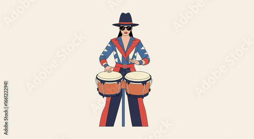 Stylish woman confidently plays bongos with flair and vibrant energy