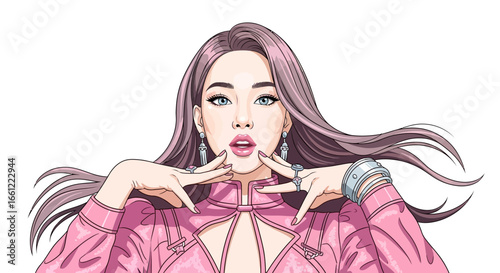 Stylish young woman with soft colored hair wearing fashionable pink outfit